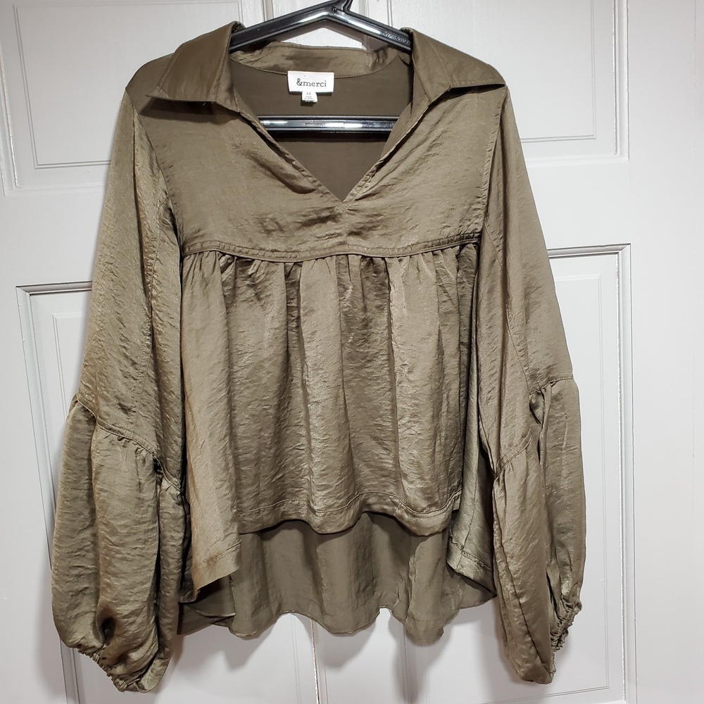 &Mercy Women Blouse Ballon Sleeve Boho Olive Flowy Top‎ Medium Oversized Casual